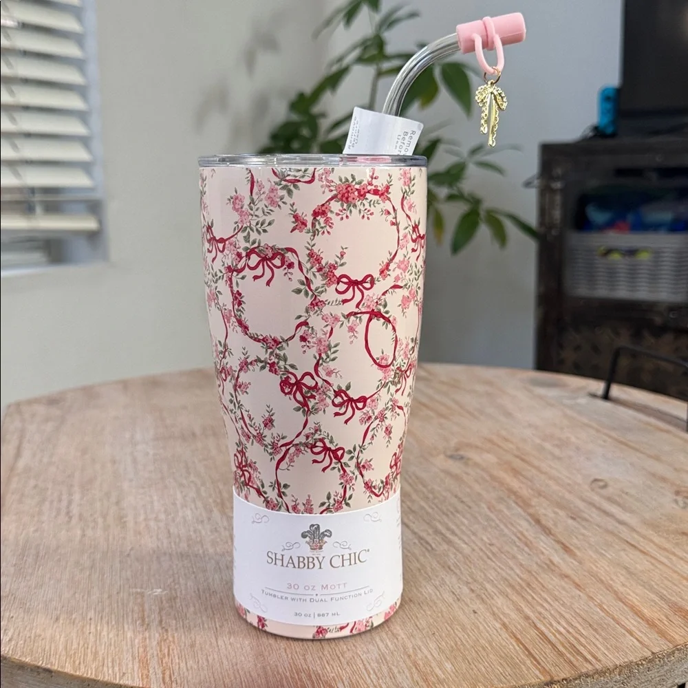 Shabby Chic Light Pink Tumbler with Red bows and flowers . 30oz. - Picture 1 of 5